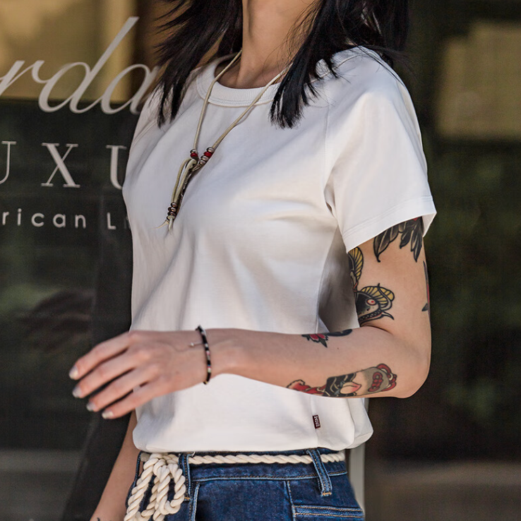 馬登女裝 新疆棉圓領短袖T恤夏季基礎百搭半袖衫Vintage純色插肩體恤