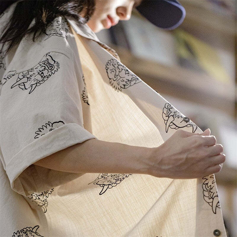 馬登女裝 日式復古印花襯衫夏季純棉休閒寬鬆短袖襯衣小眾上衣外套