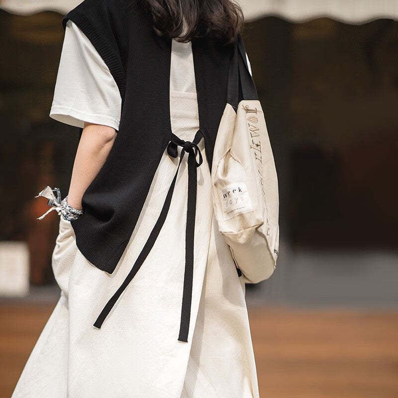 馬登女裝 法式休閒露背針織馬甲v領系帶慵懶背心無袖疊穿坎肩上衣