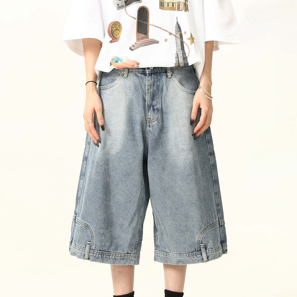美式復古設計感倒裝牛仔短褲女水洗闊腿復古寬鬆七分褲