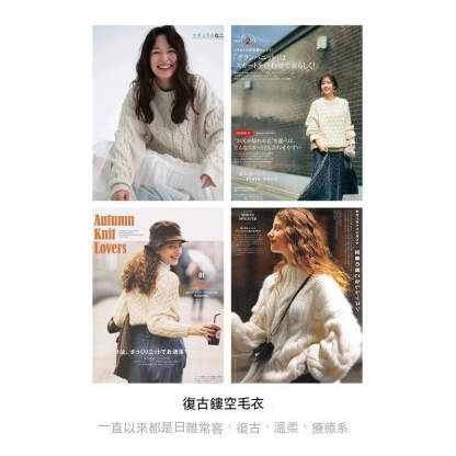 馬登女裝 復古圓領鏤空麻花菱格毛衣短款套頭米白色絞花針織衫