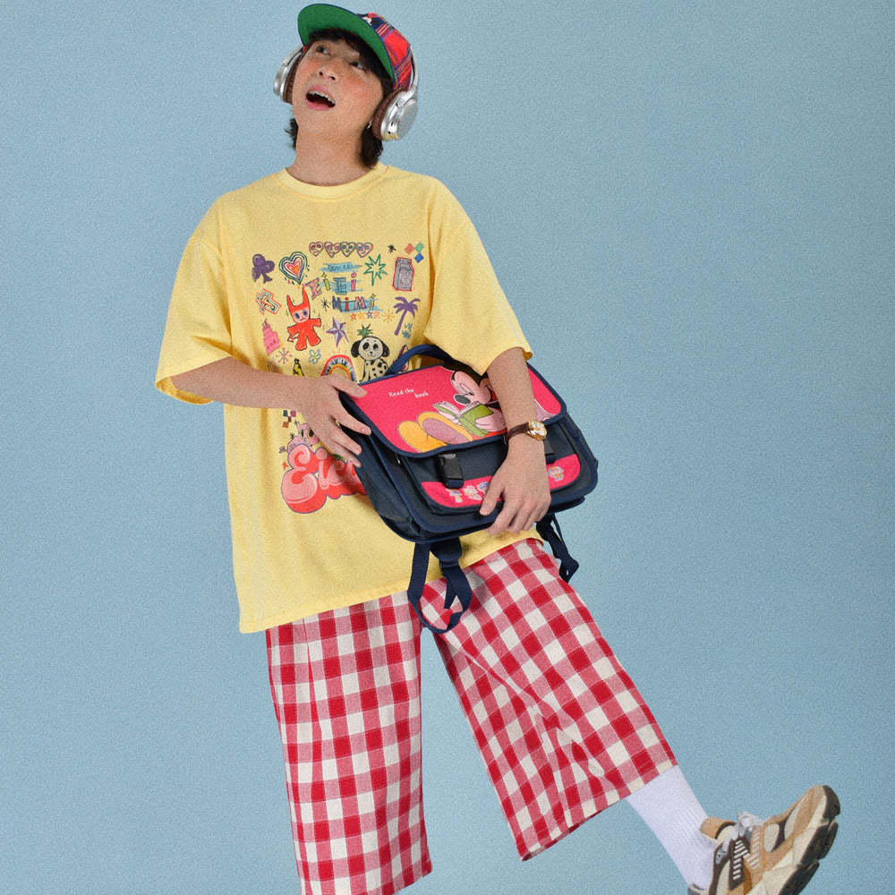 日系復古格子寬鬆休閒男女夏季鬆緊褲百搭闊腿情侶七分褲