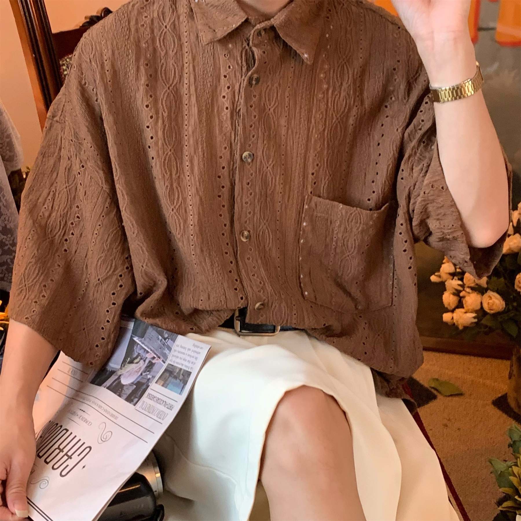 日系復古簡約慵懶鏤空短袖襯衫夏輕奢設計感小眾中性襯衣