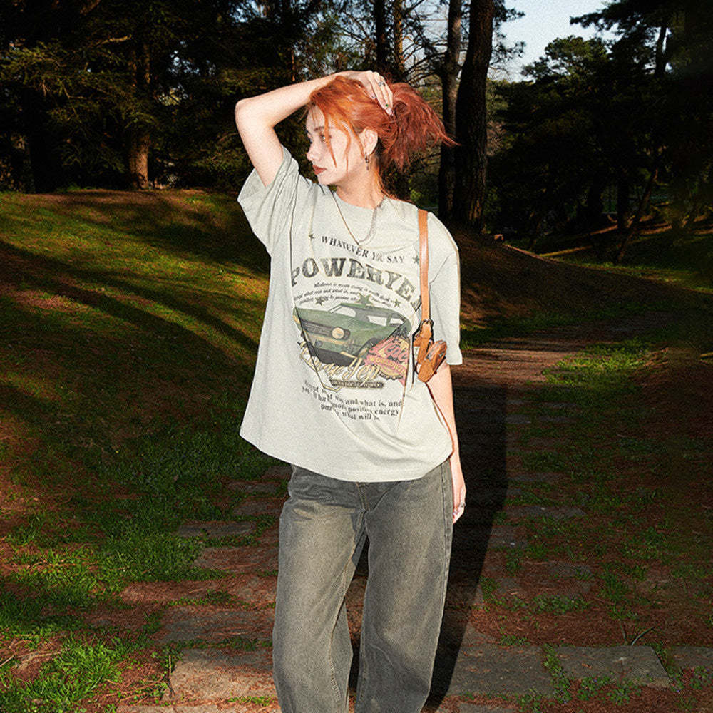 美式復古牛油果綠純棉短袖T恤女小眾半袖上衣夏裝寬鬆oversize