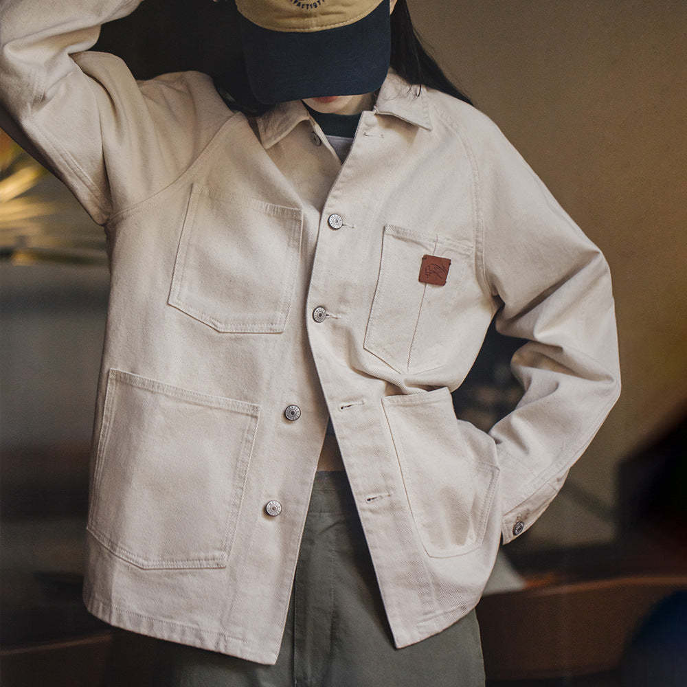 馬登女裝 白色牛仔外套寬鬆設計感小眾美式復古慵懶風純棉夾克秋冬