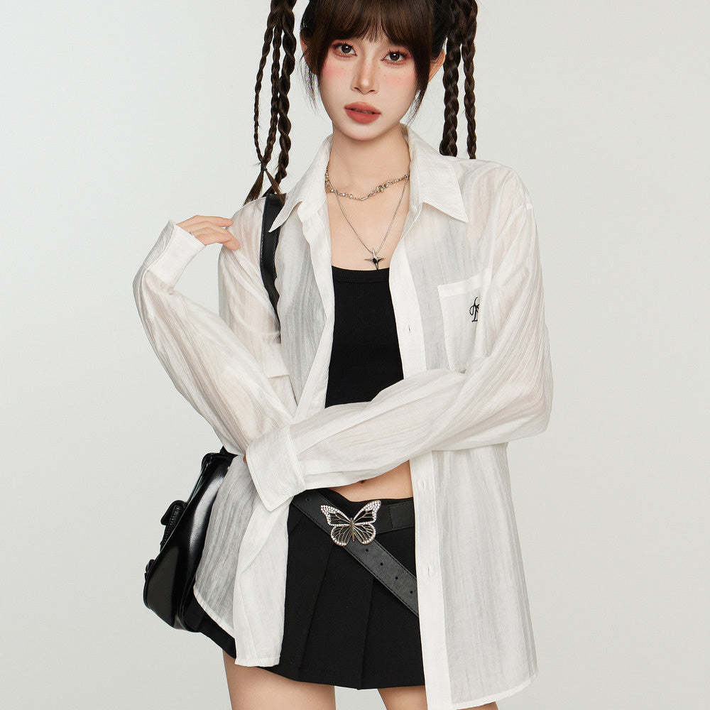 白色防曬襯衫外套女夏季薄款襯衣開衫長袖罩衫防曬衫外搭天絲上衣