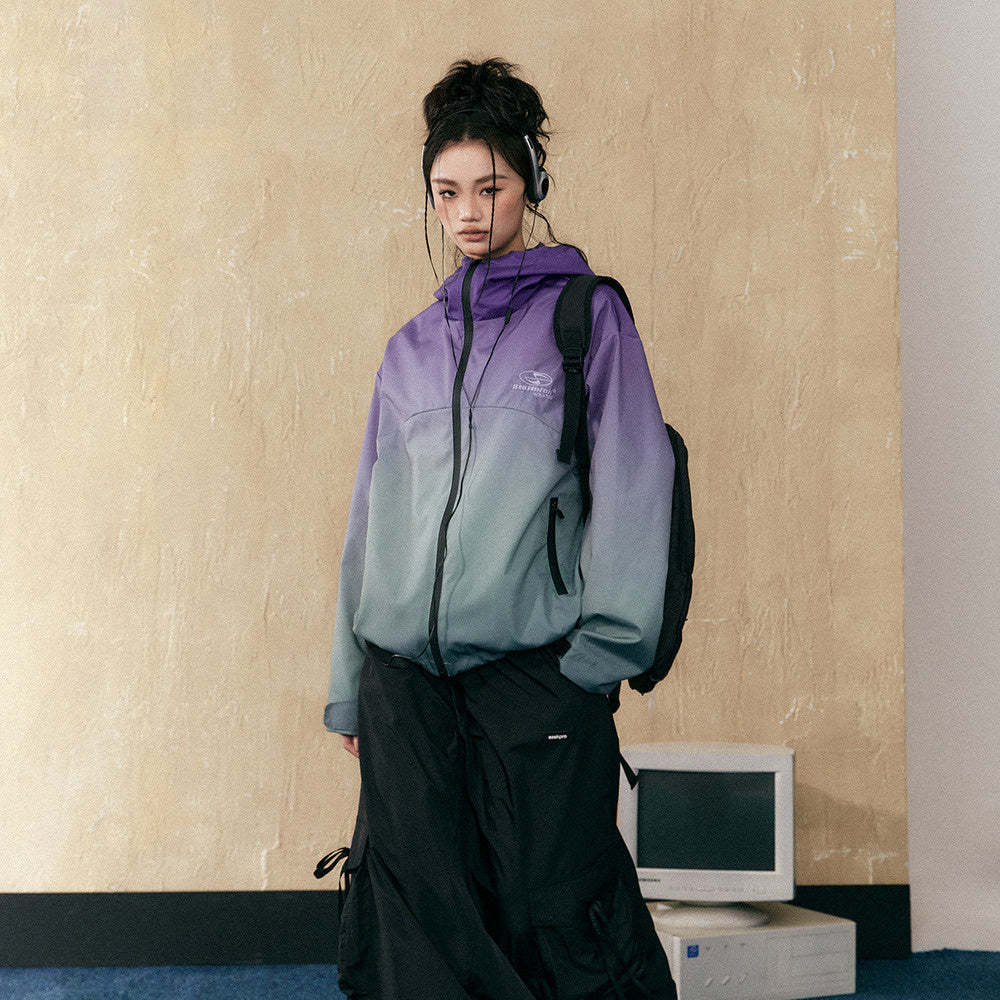 紫色漸變衝鋒衣女新款春季戶外山系防水登山服外套女