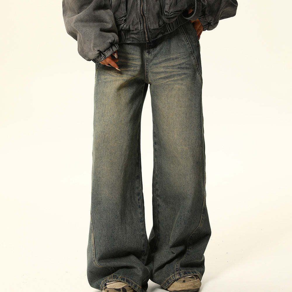 美式復古水洗做舊牛仔褲女顯瘦寬鬆直筒闊腿褲子