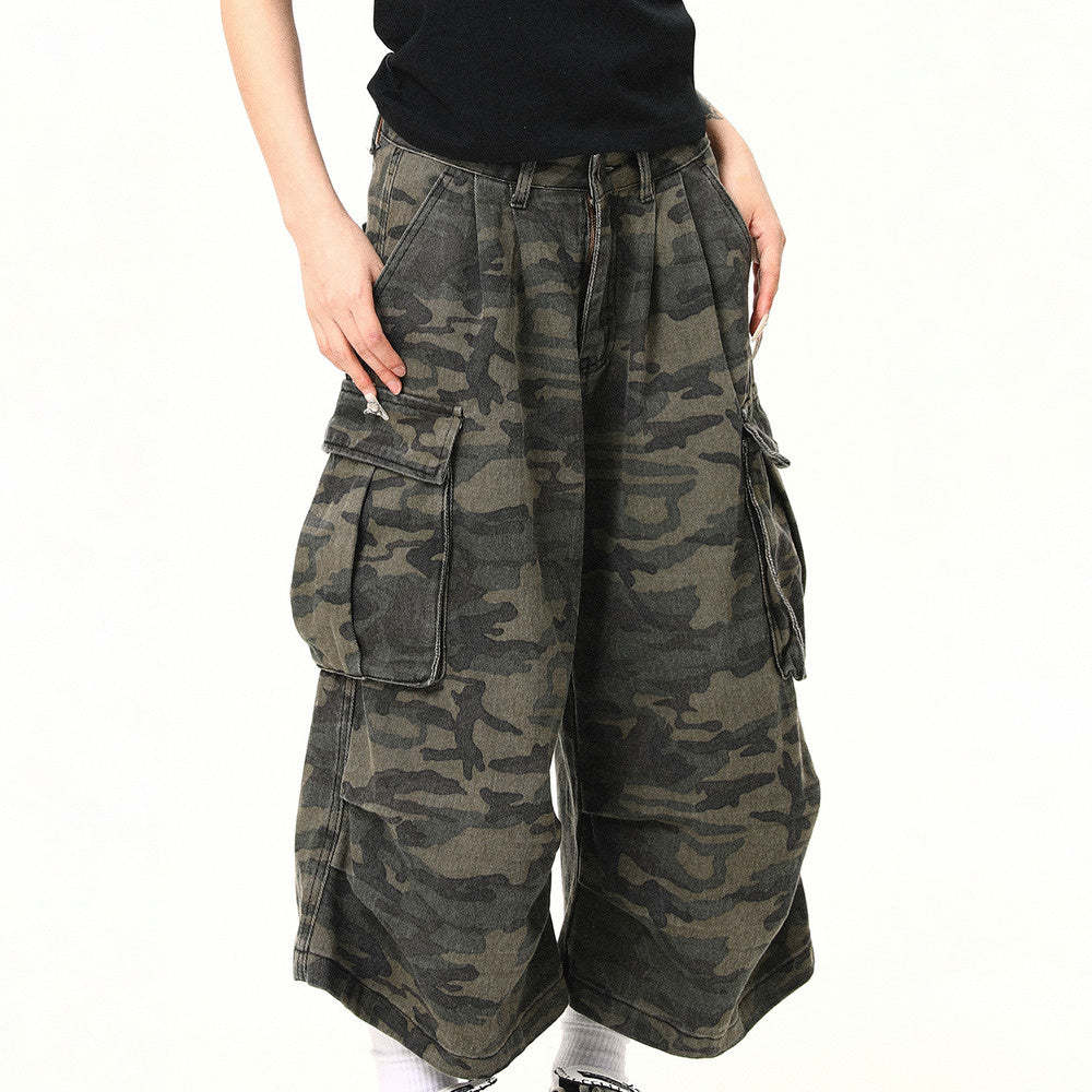 美式復古迷彩工裝褲女寬鬆直筒闊腿七分短褲