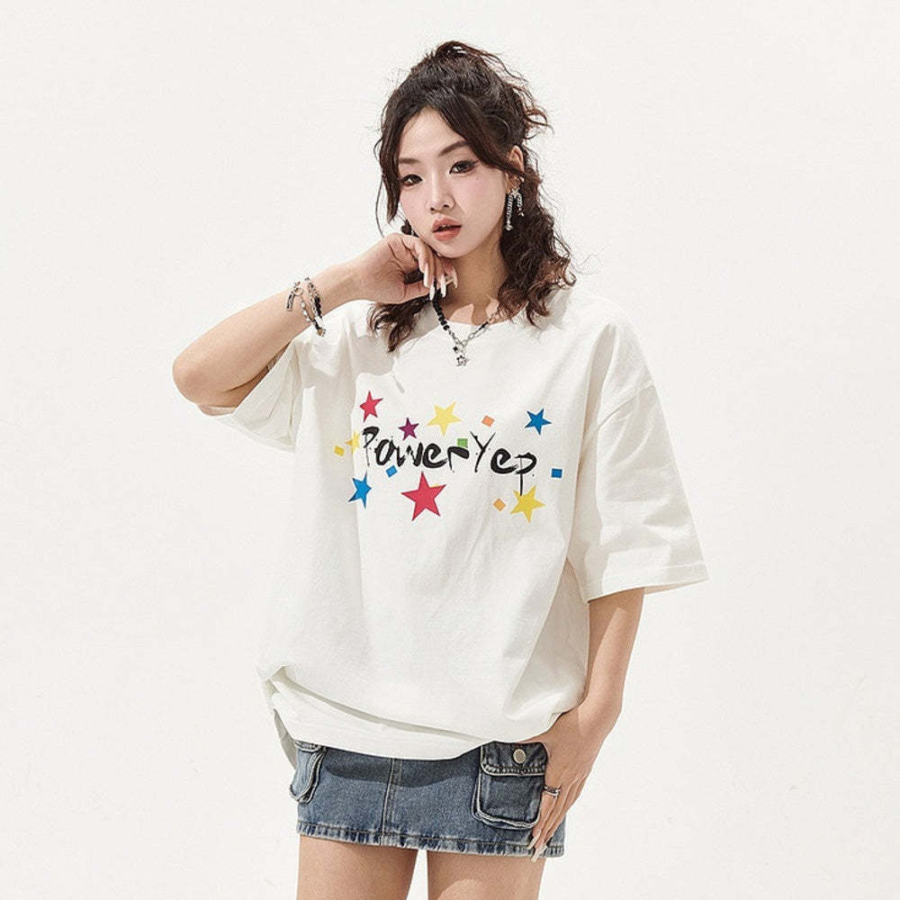 白色印花短袖t恤女夏季新款美式復古情侶寬鬆oversize上衣