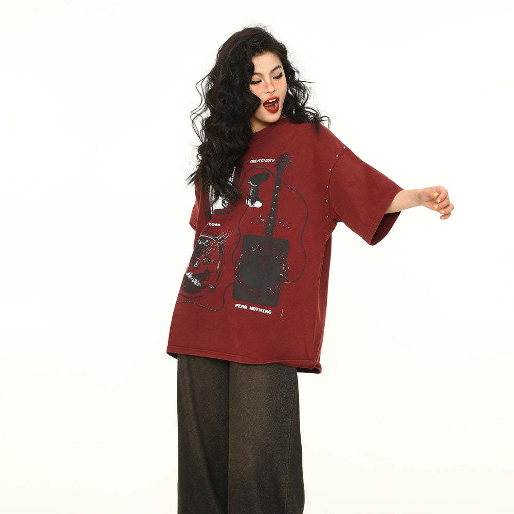 美式街頭酒紅色復古短袖T恤女寬鬆oversize上衣