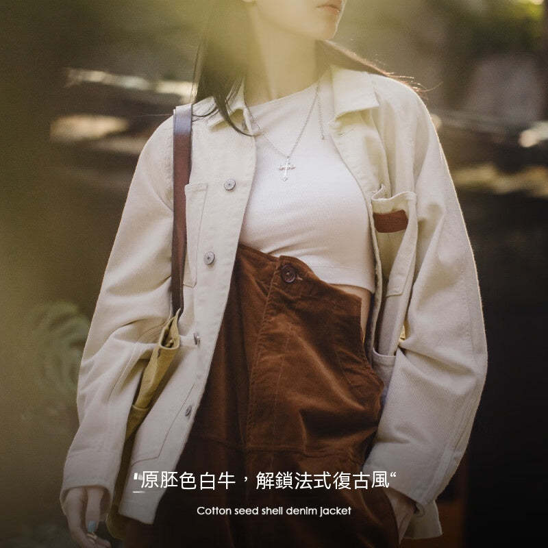 馬登女裝 白色牛仔外套寬鬆設計感小眾美式復古慵懶風純棉夾克秋冬