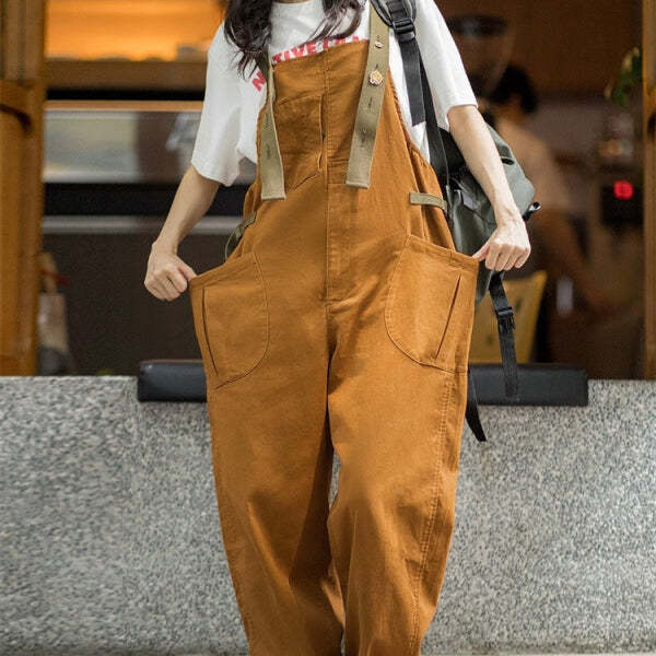 馬登女裝 美式復古减齡寬鬆背帶褲大口袋直筒寬鬆吊帶連體工裝長褲