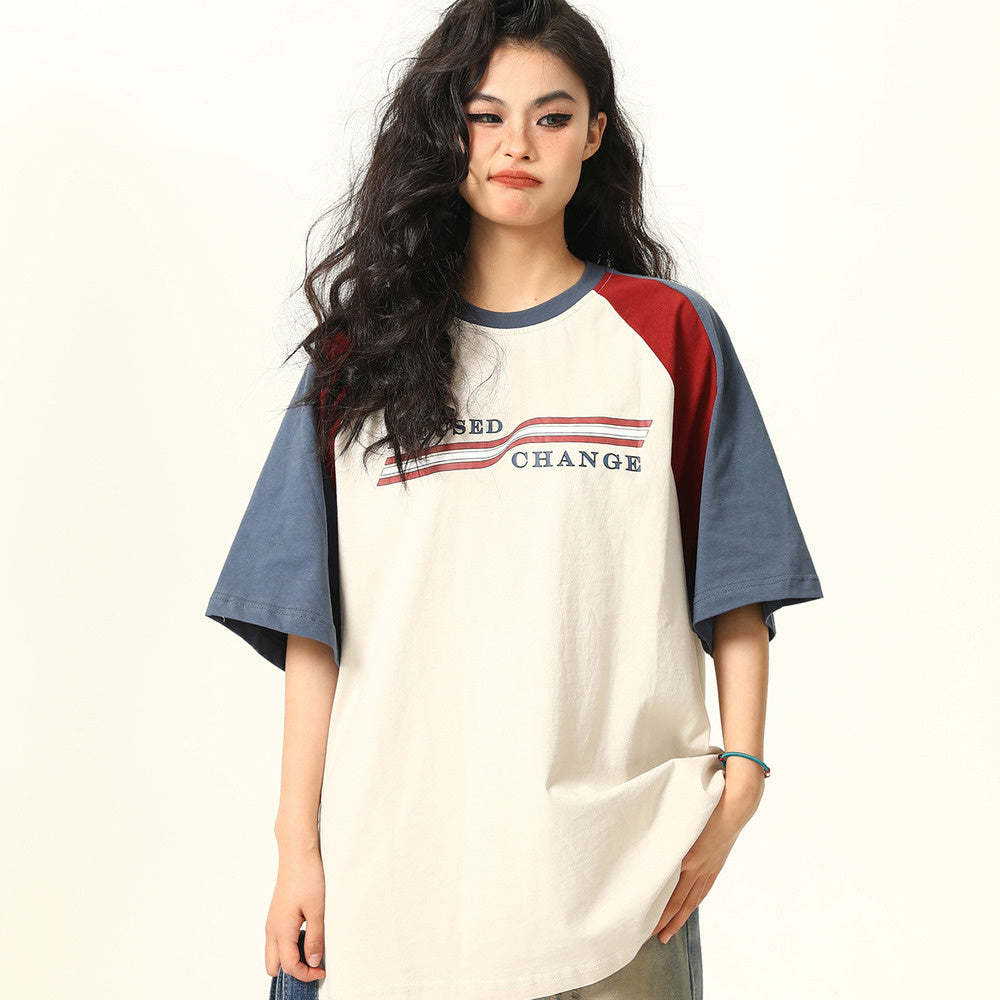 美式復古拼接撞色插肩袖短袖T恤女寬鬆百搭tee