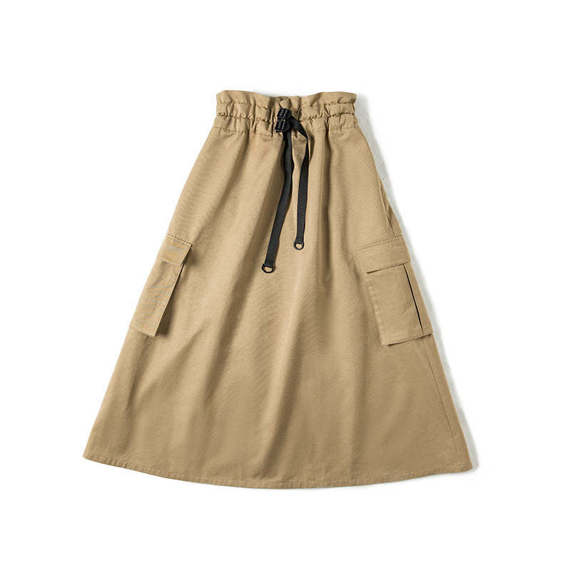 馬登女裝 復古半身長裙子高腰顯瘦A字裙百搭口袋工裝傘裙