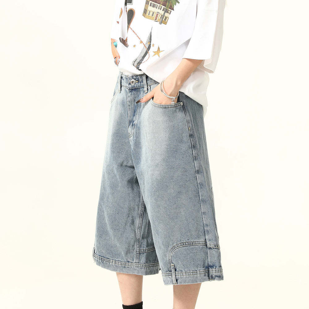 美式復古設計感倒裝牛仔短褲女水洗闊腿復古寬鬆七分褲