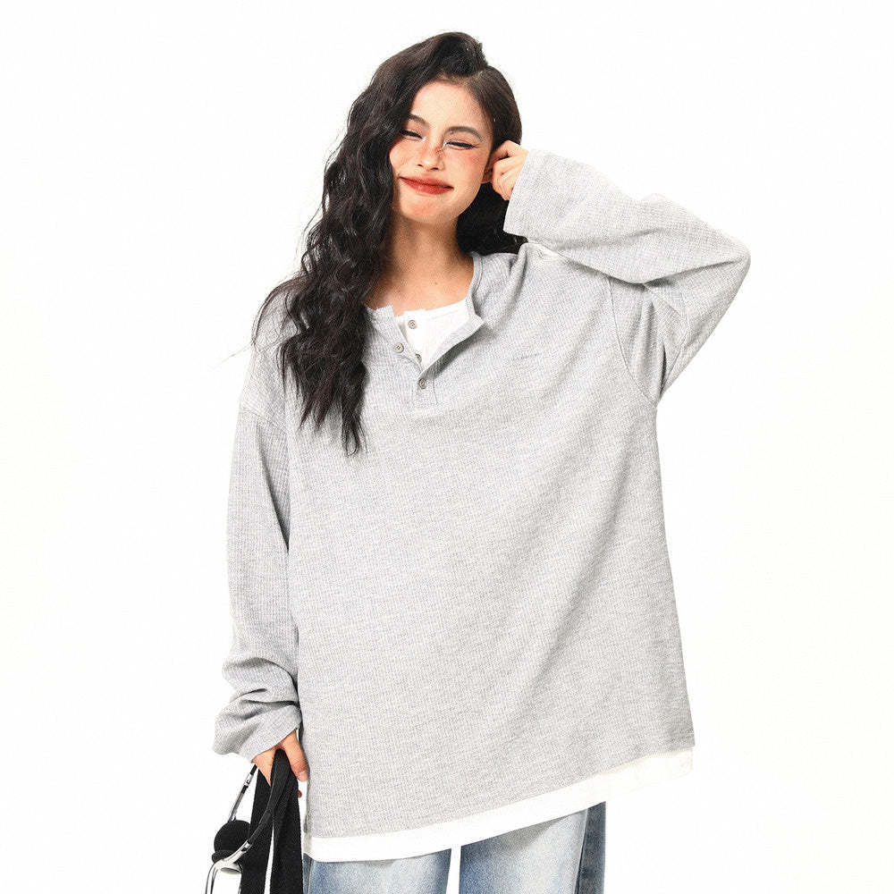 美式復古高級感假兩件長袖打底衫女秋季百搭潮流設計上衣