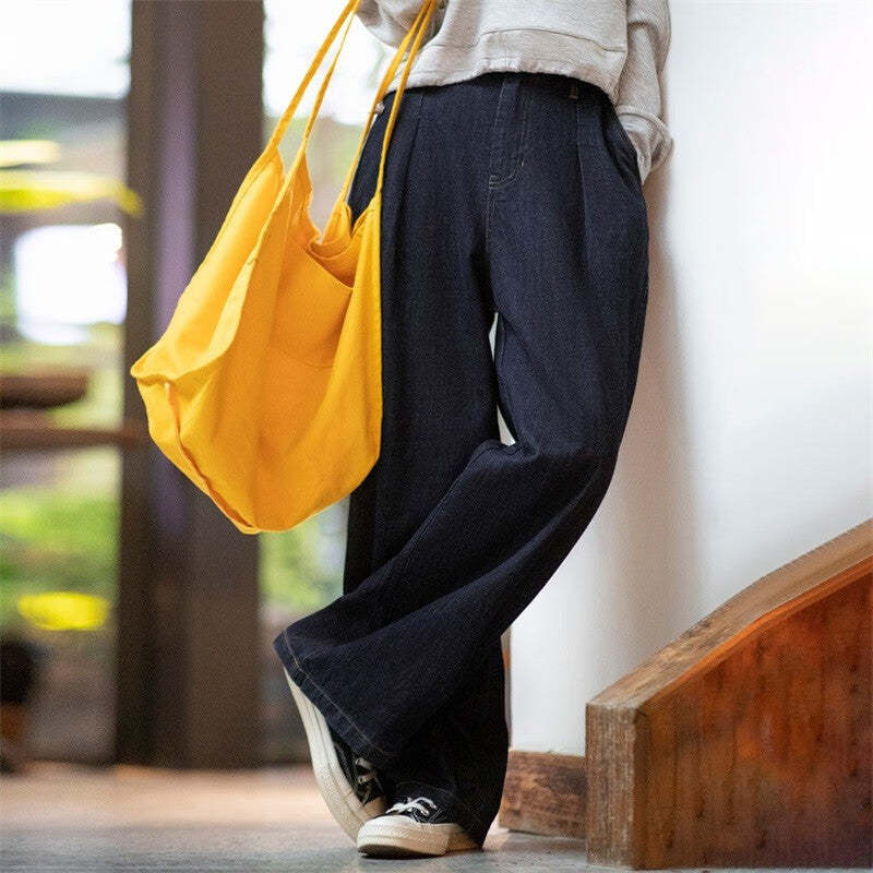 馬登女裝 美式復古水洗藍牛仔闊腿褲直筒休閒褲高腰顯瘦牛仔褲