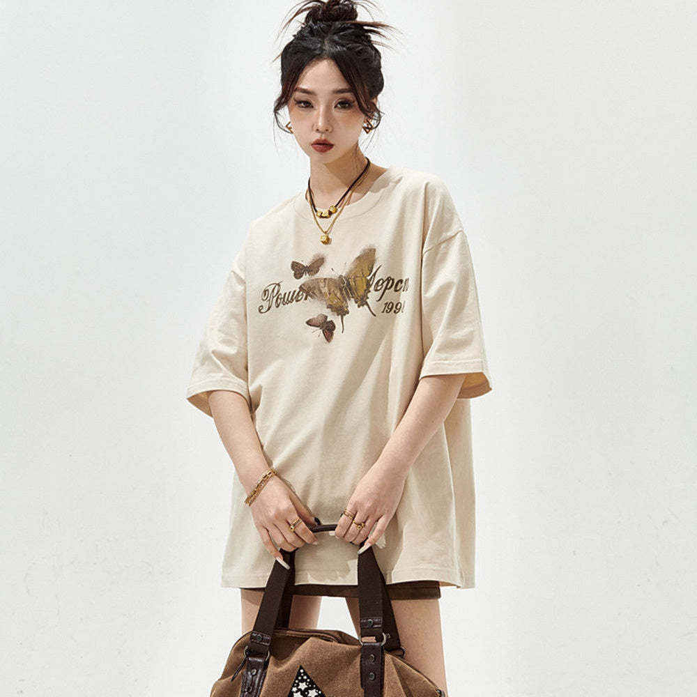 復古蝴蝶印花短袖t恤女夏季新款潮牌寬鬆純棉半袖