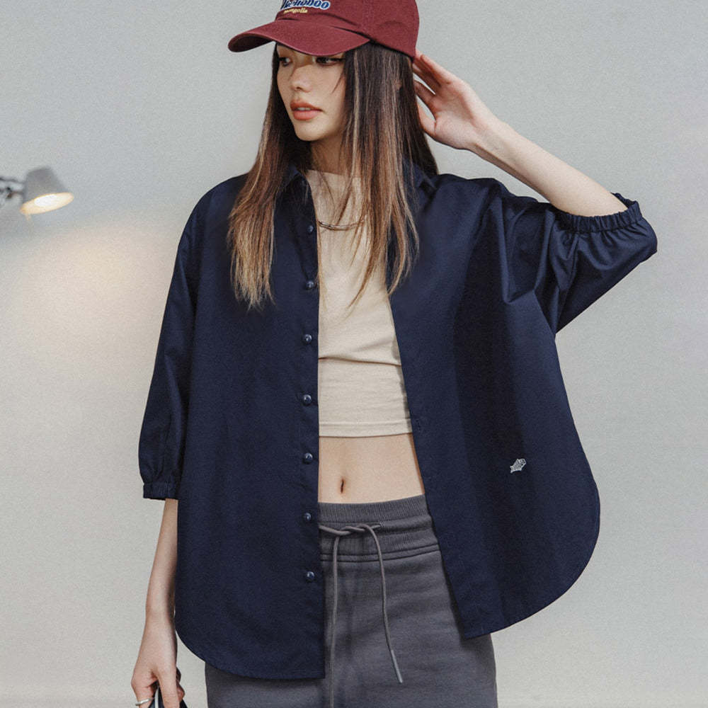 馬登女裝 美式襯衫七分袖寬鬆上衣蝙蝠袖休閒透氣立領外套可疊穿夏季女