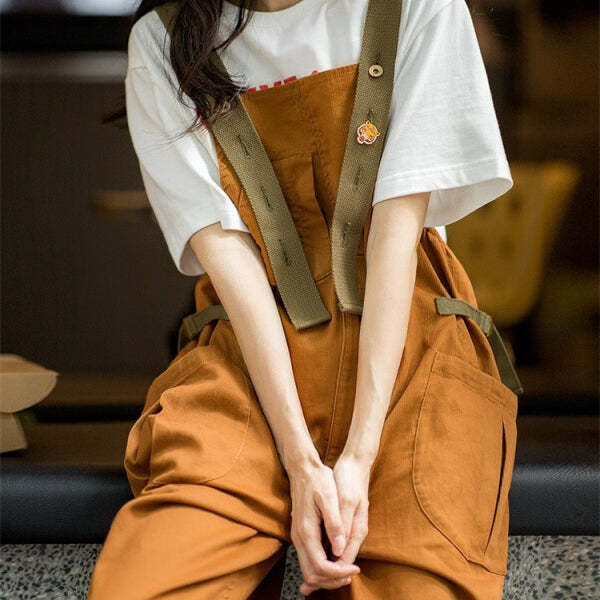 馬登女裝 美式復古减齡寬鬆背帶褲大口袋直筒寬鬆吊帶連體工裝長褲