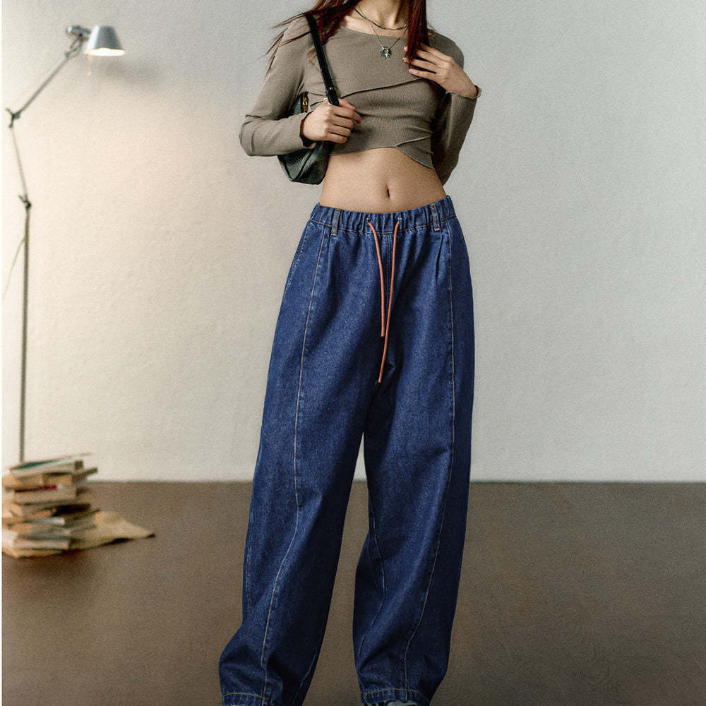 馬登女裝 寬鬆直筒解構香蕉牛仔褲鬆緊腰抽繩闊腿褲加長鬆弛感褲子
