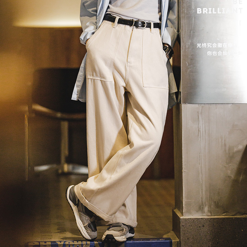 馬登女裝 白色牛仔闊腿褲寬鬆口袋工裝褲直筒休閒長褲子秋