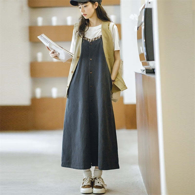 馬登女裝 復古格紋拼接背帶裙顯瘦A字寬鬆吊帶連衣長裙無袖