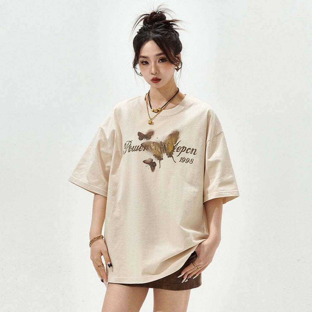 復古蝴蝶印花短袖t恤女夏季新款潮牌寬鬆純棉半袖