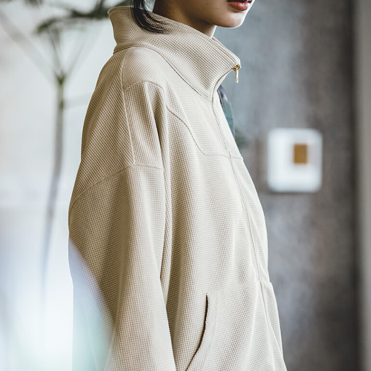 馬登女裝 鹽系立領衛衣寬鬆華夫格拉鍊外套休閒短款開衫上衣