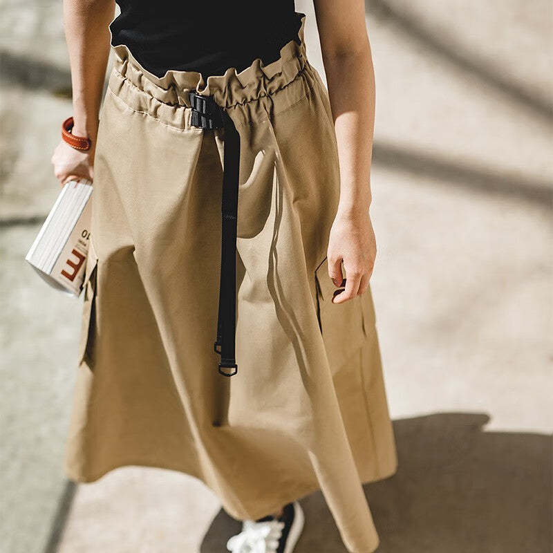 馬登女裝 復古半身長裙子高腰顯瘦A字裙百搭口袋工裝傘裙