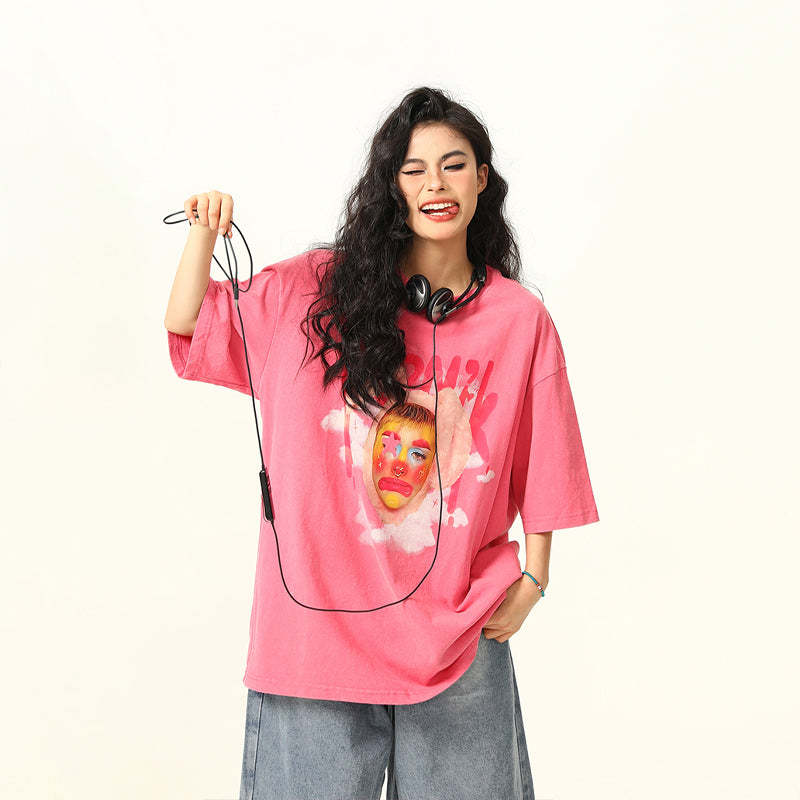美式復古街頭小丑印花短袖T恤女寬鬆做舊水洗粉色T恤