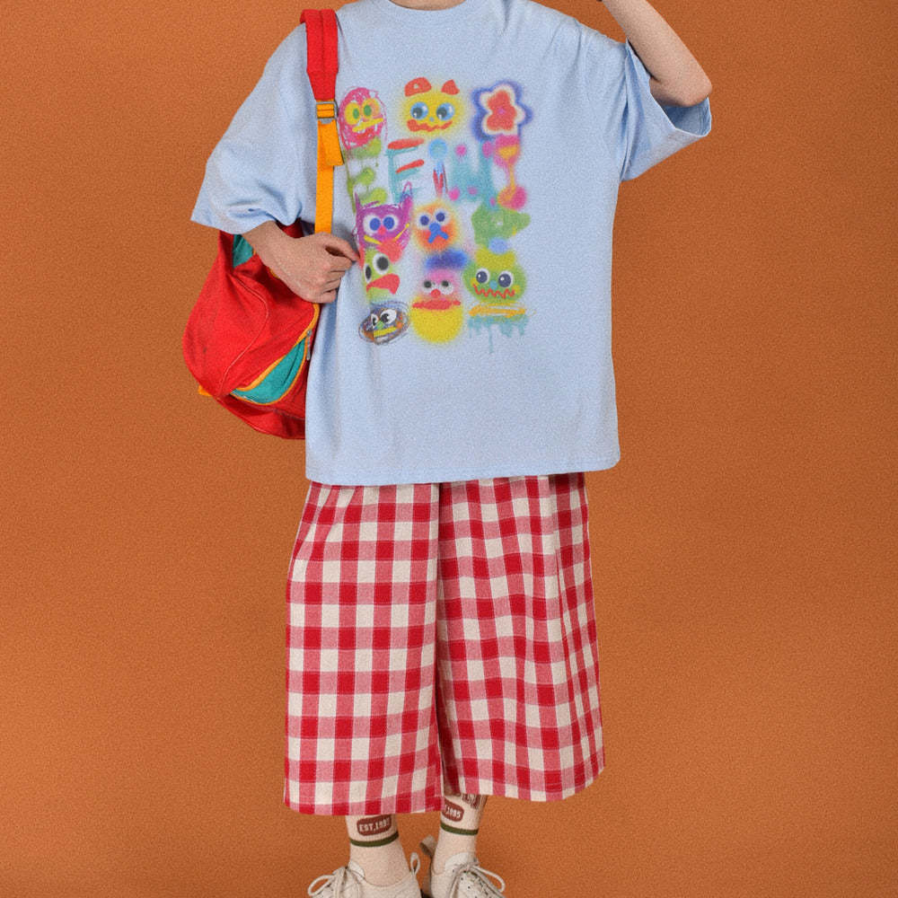 日系復古格子寬鬆休閒男女夏季鬆緊褲百搭闊腿情侶七分褲