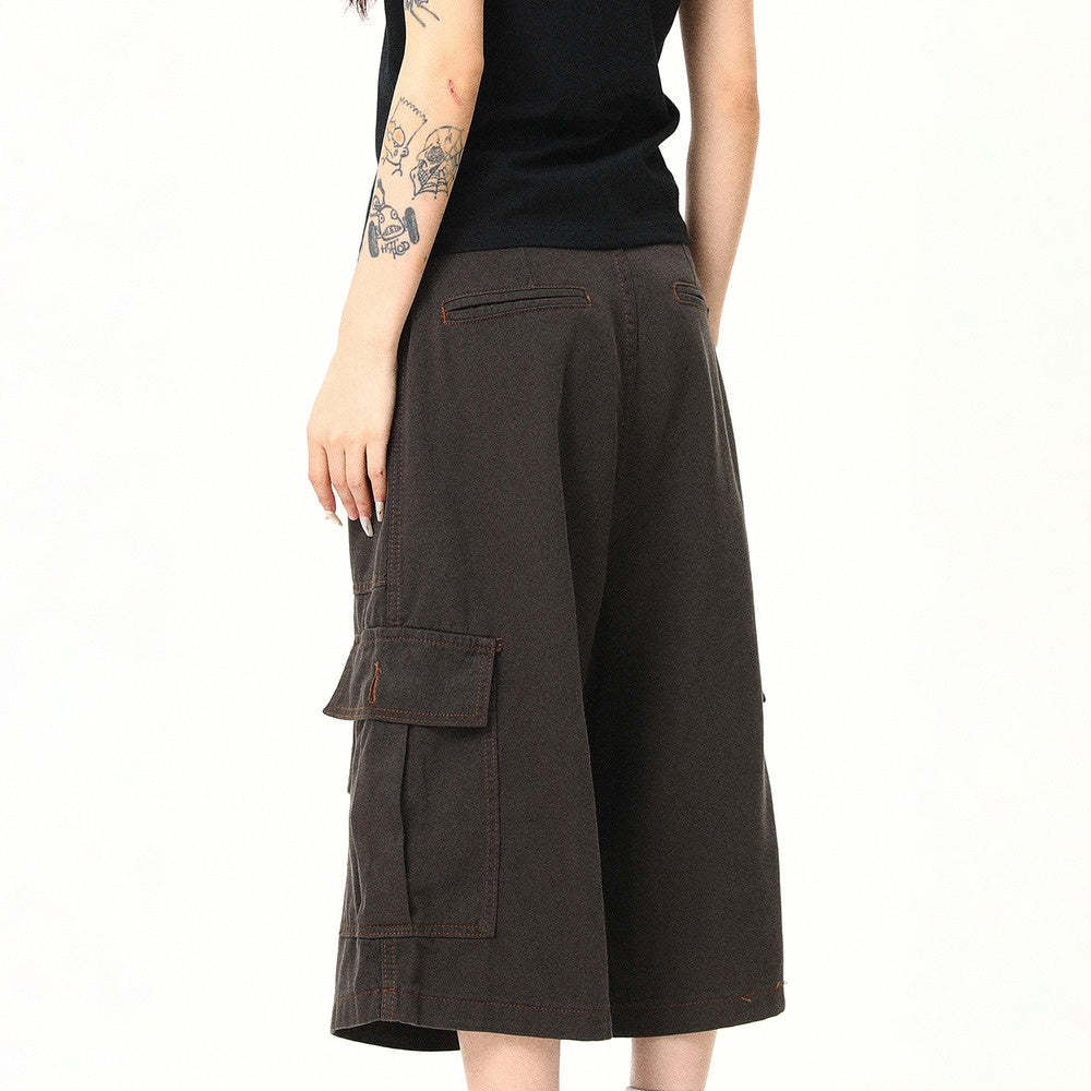 美式復古工裝褲女夏季多口袋寬鬆七分褲直筒休閒短褲