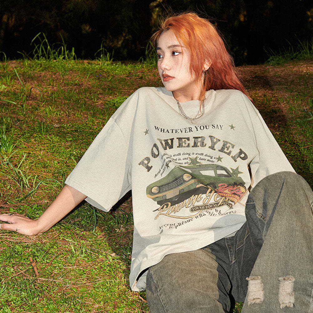 美式復古牛油果綠純棉短袖T恤女小眾半袖上衣夏裝寬鬆oversize