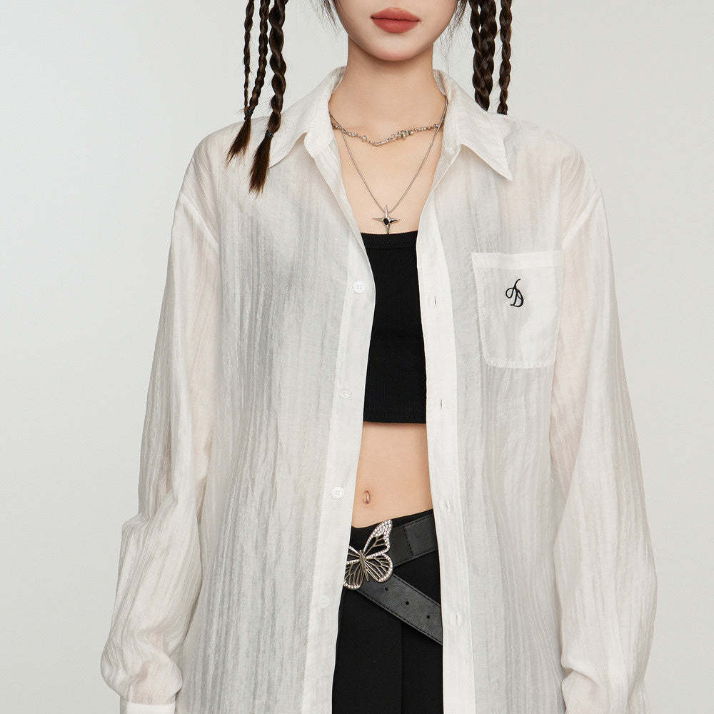 白色防曬襯衫外套女夏季薄款襯衣開衫長袖罩衫防曬衫外搭天絲上衣