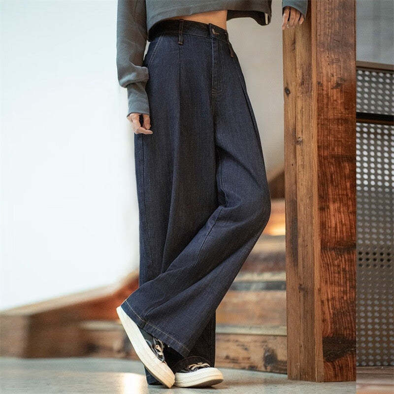 馬登女裝 美式復古水洗藍牛仔闊腿褲直筒休閒褲高腰顯瘦牛仔褲