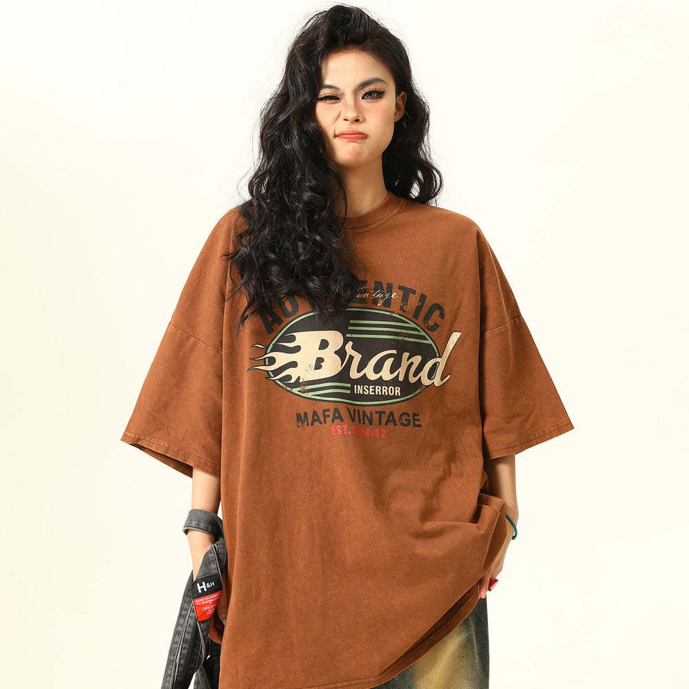 夏季新款美式水洗深棕色短袖T恤女寬鬆TEE