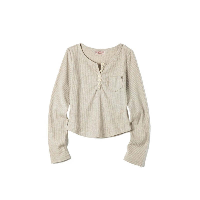 馬登女裝 美式復古bm針織長袖T恤圓弧下擺修身顯瘦短款打底亨利衫