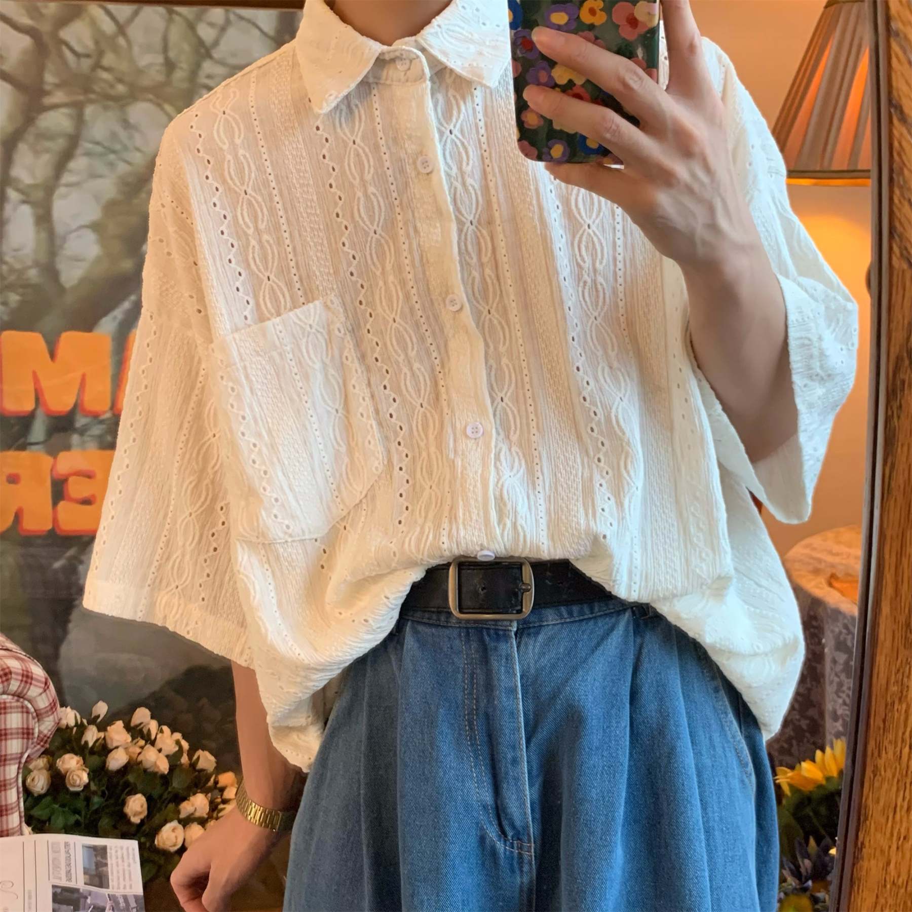 日系復古簡約慵懶鏤空短袖襯衫夏輕奢設計感小眾中性襯衣