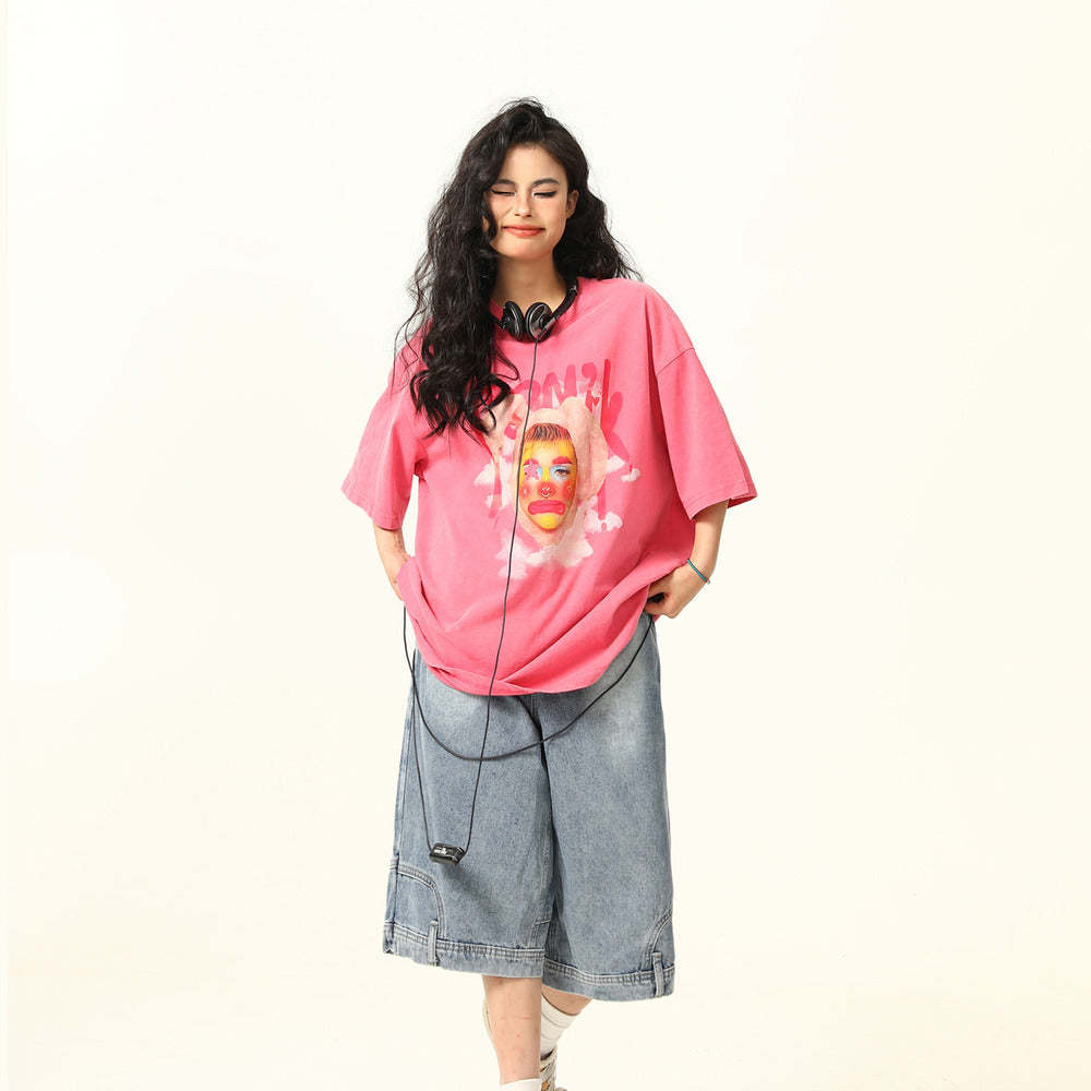 美式復古街頭小丑印花短袖T恤女寬鬆做舊水洗粉色T恤