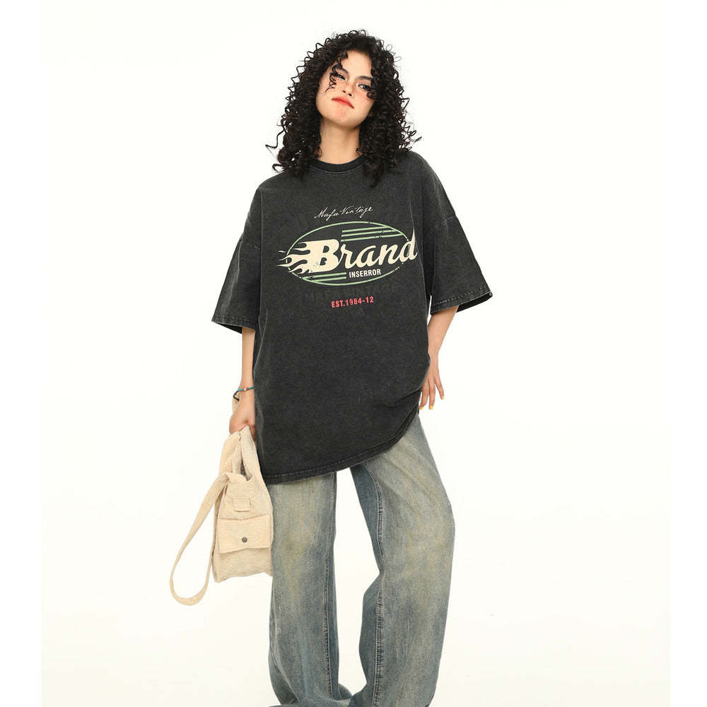 夏季新款美式水洗深棕色短袖T恤女寬鬆TEE