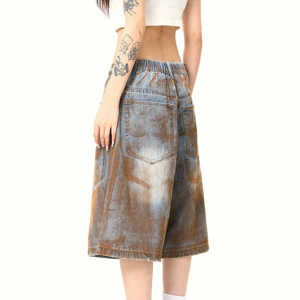 美式復古高街髒染廢土風口袋設計感牛仔短褲夏季七分褲