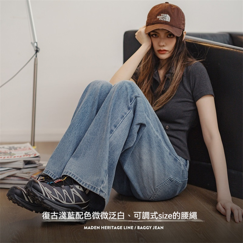 馬登女裝 淺藍色闊腿牛仔褲復古抽繩直筒褲遮肉顯瘦垂感休閒長褲夏季女