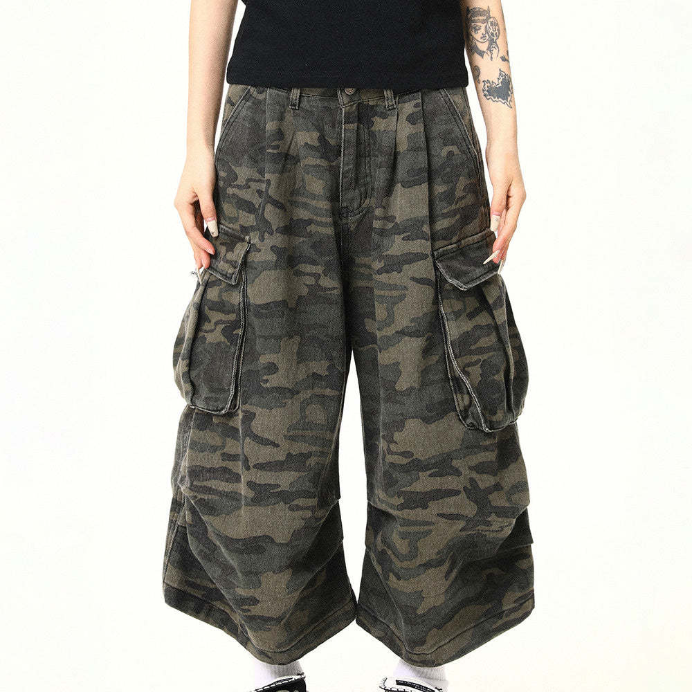 美式復古迷彩工裝褲女寬鬆直筒闊腿七分短褲