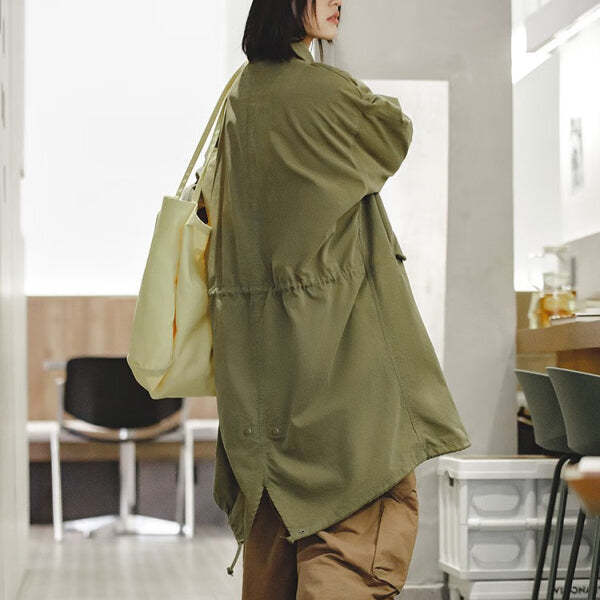 馬登女裝 軍綠色風衣寬鬆派克服魚尾外套秋季高級感長款大衣斗篷