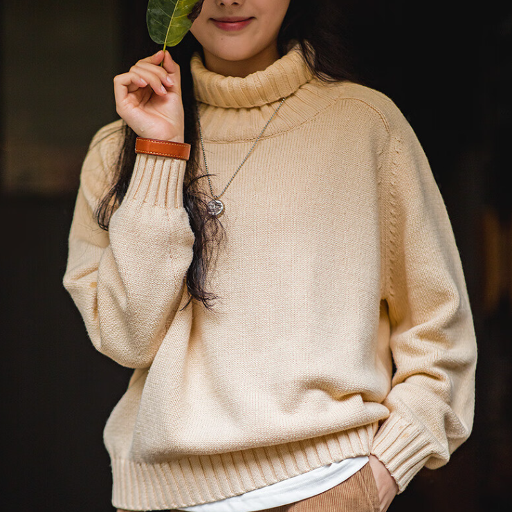 馬登女裝 麥穗針織毛衣純色慵懶風秋冬保暖針織衫堆堆高領寬鬆上衣