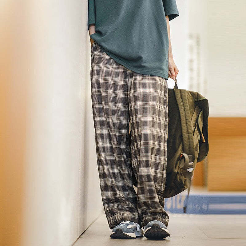 馬登女裝 美式復古格紋休閒褲學生直筒寬鬆百搭夏季闊腿褲