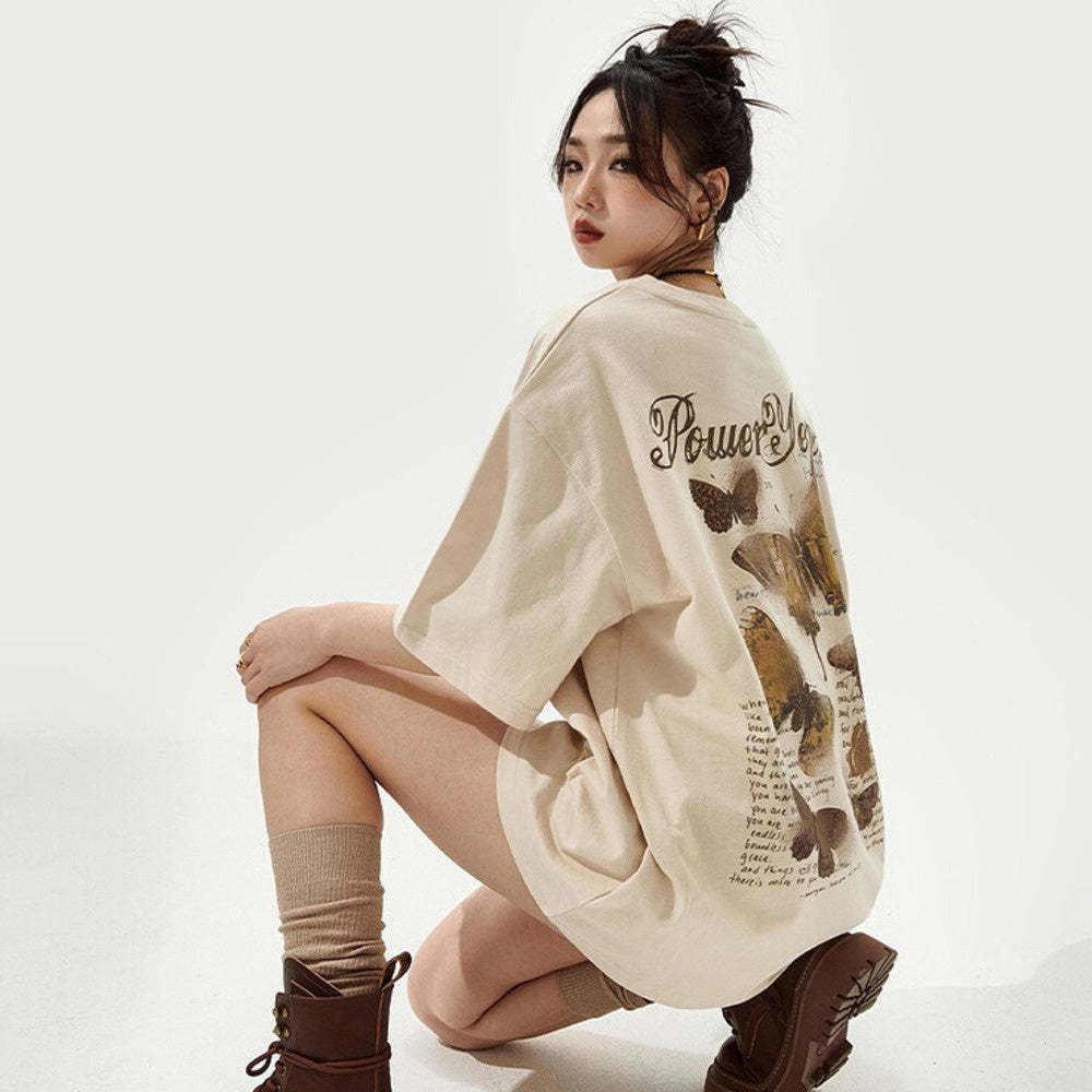 復古蝴蝶印花短袖t恤女夏季新款潮牌寬鬆純棉半袖