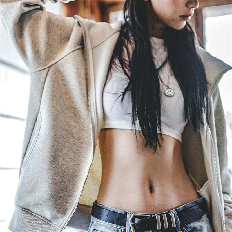馬登女裝 美式休閒搖粒絨連帽衛衣男女同款秋冬加絨短款開衫外套上衣